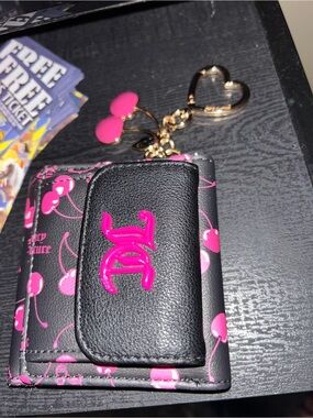Juicy Couture Black Wallet with Hot Pink Cherry Print and Gold Heart Keychain